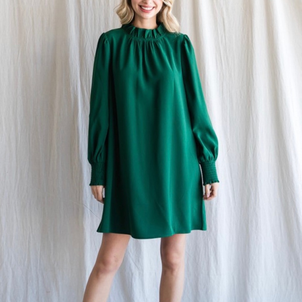 JODIFL Los Angeles Hunter Green Solid Dress Smocked Details Bubble Sleeves NWT